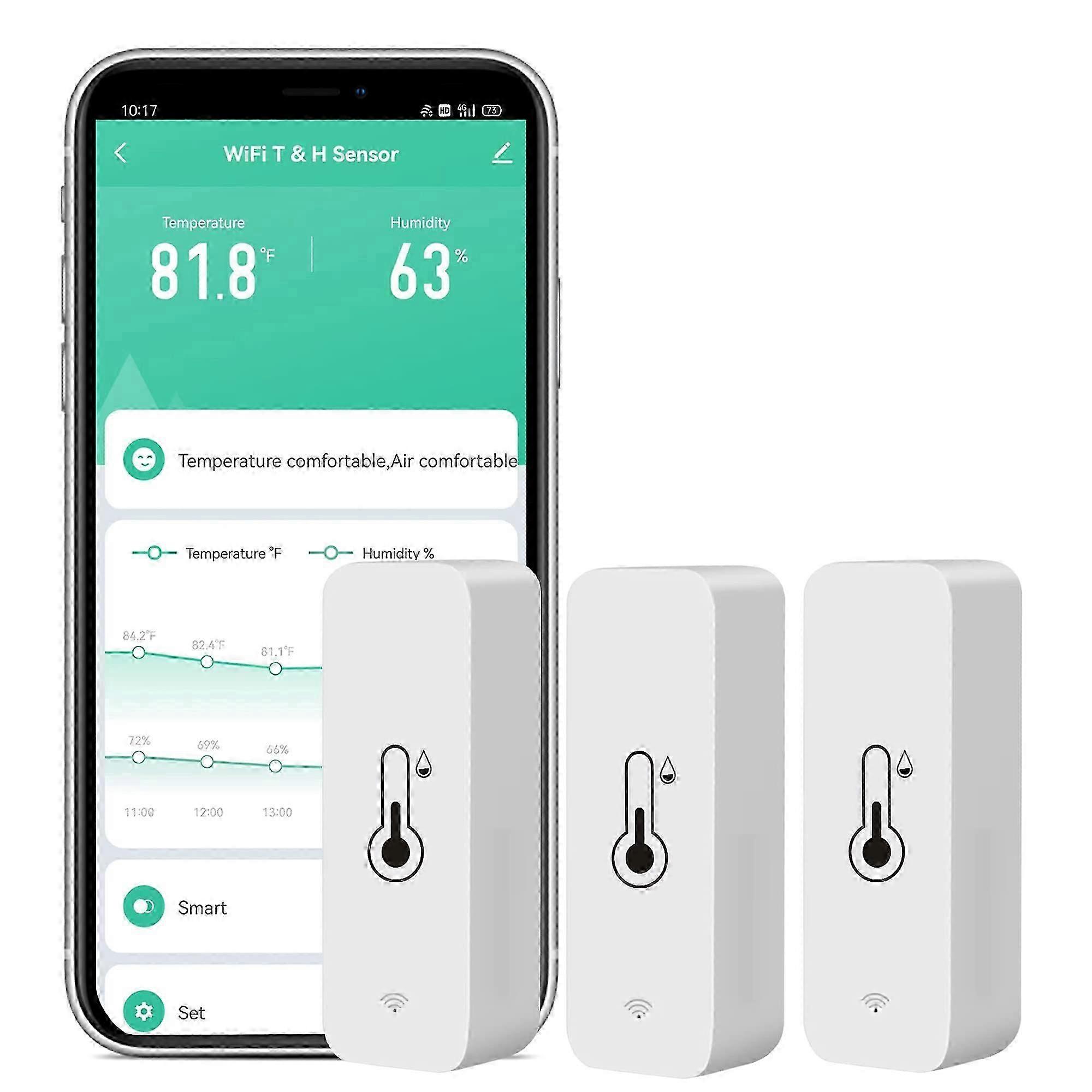 3Pack WiFi-temperatuur-vochtigheidssensor: draadloze monitor met app-waarschuwing, gratis gegevensopslag