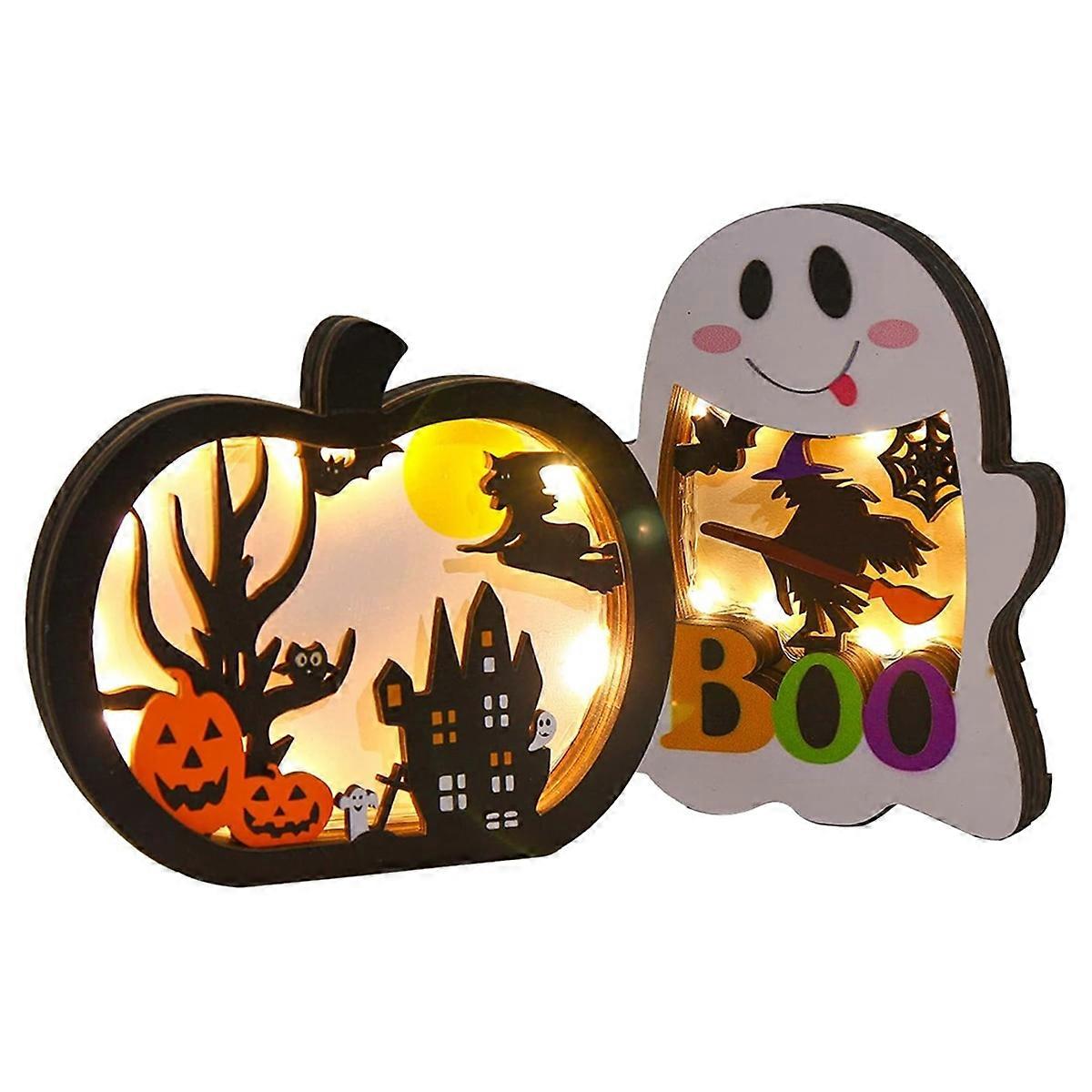 Halloween Wooden Lighted Pumpkin for Tabletop 2pcs Light Up Pumpkin Ghost Lamp Shadow Box Halloween