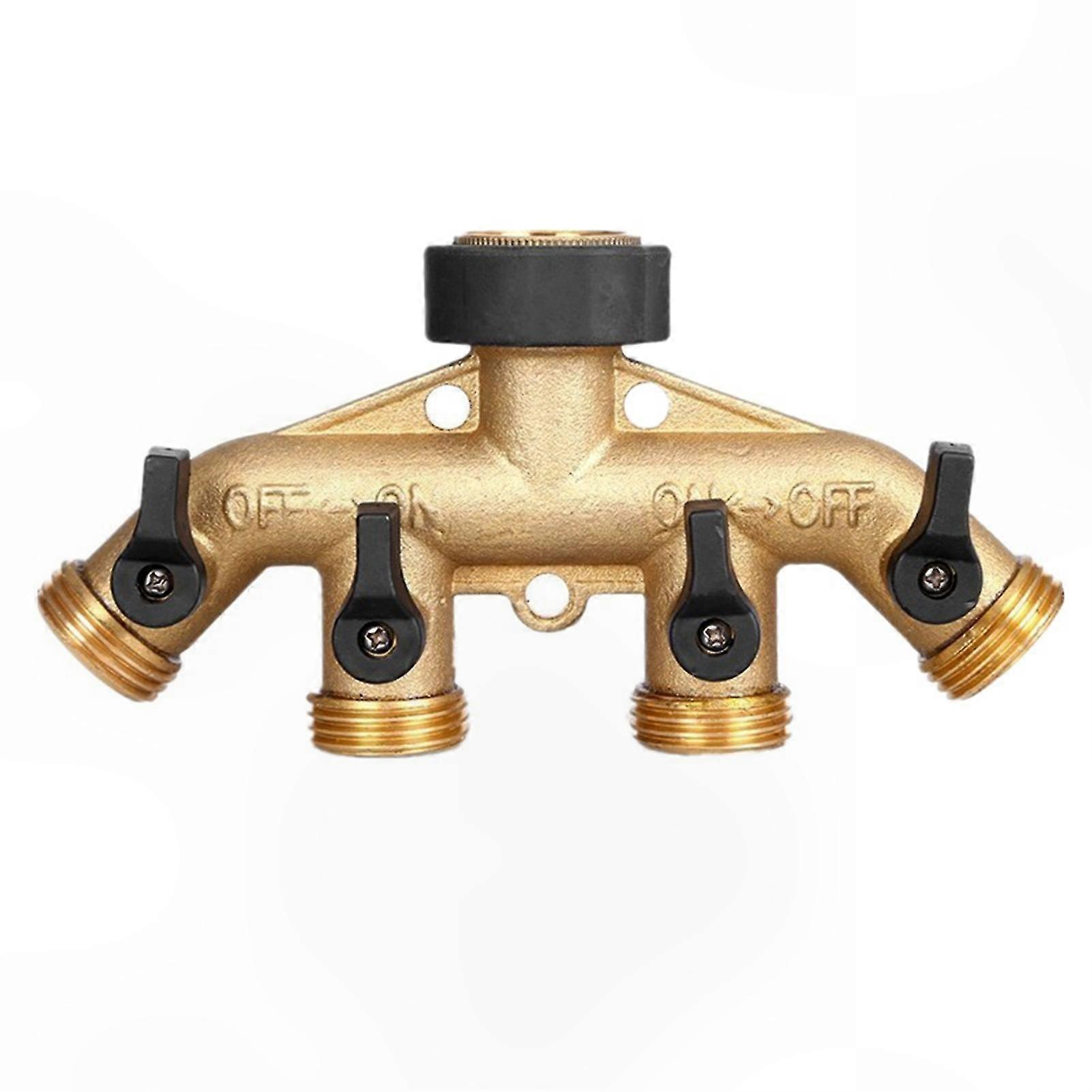 4-Way Solid Brass Hose Splitter with 4 Valves for Garden Faucet Connection