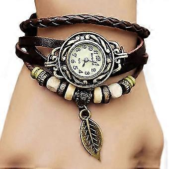Retro Multilayer Leaf Pendant Bead Braided Faux Leather Quartz Bracelet Watch