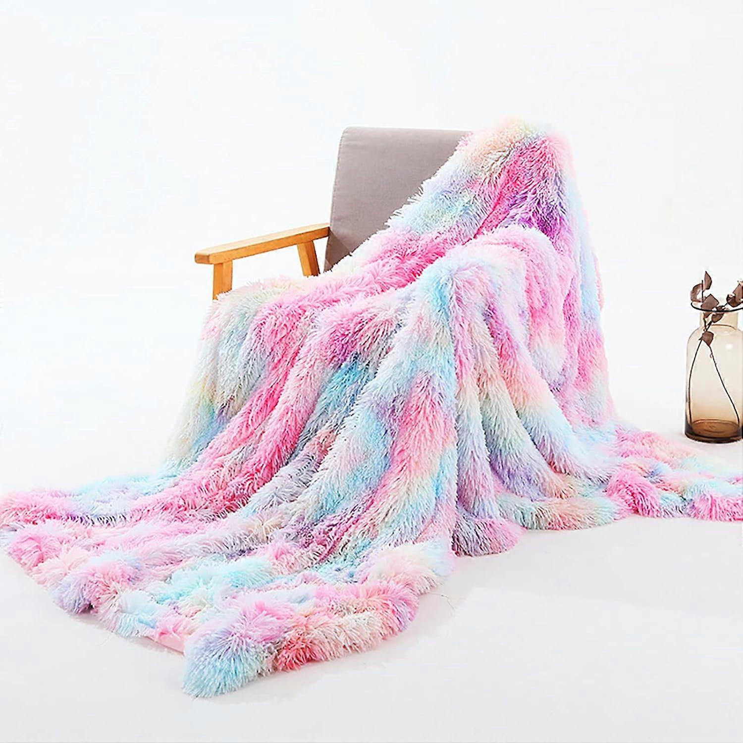 Blanket, Super Soft and Warm Rainbow Fleece Blanket, Double-Sided Fur Blanket in PV and Flannel, Sofa Blanket, Bedspread, 80X120cm Lefou
