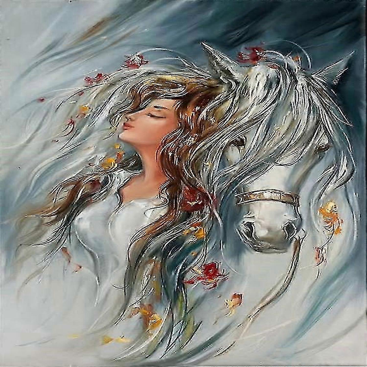 KINZON 30x40cm adulte enfants 5D DIY σετ ζωγραφικής τέχνης διαμαντιών - White Horse Maiden, πλήρης χειροτεχνία κεντήματος διαμαντιών, ζωγραφική στρας από κρύσταλλο καμβά
