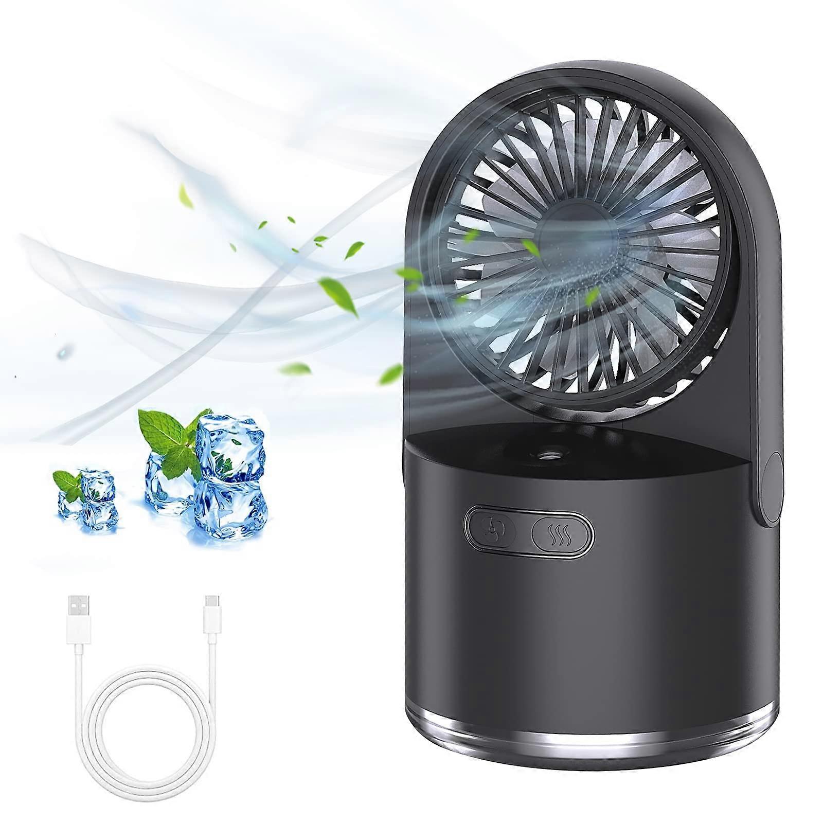 Small Cooling Misting Fan 3 in 1 Desktop Cooling Fan Humidifier Portable USB Mini Humidifier Fan 7 Color LED Battery Powered, black