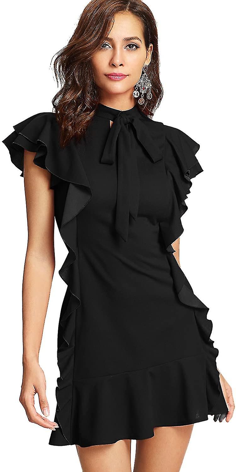 Tie Neck Short Sleeve Ruffle Hem 