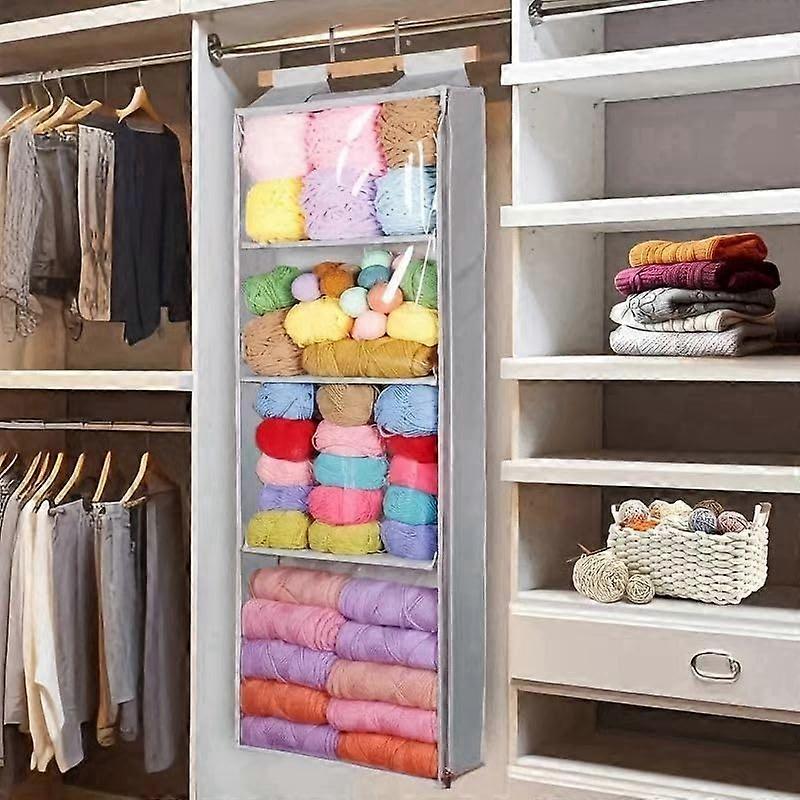 Hanging Yarn Storage Organiser Clear Knitting Organiser With Zippers 4 Large Pockets Yarn Bag 2 OverDoor Hooks Grey