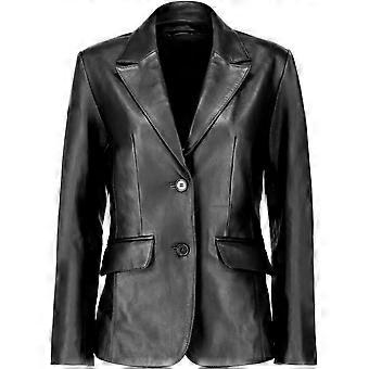 Blazer clásico y elegante para mujer, confeccionado a mano en piel de cordero, color negro, con dos botones.