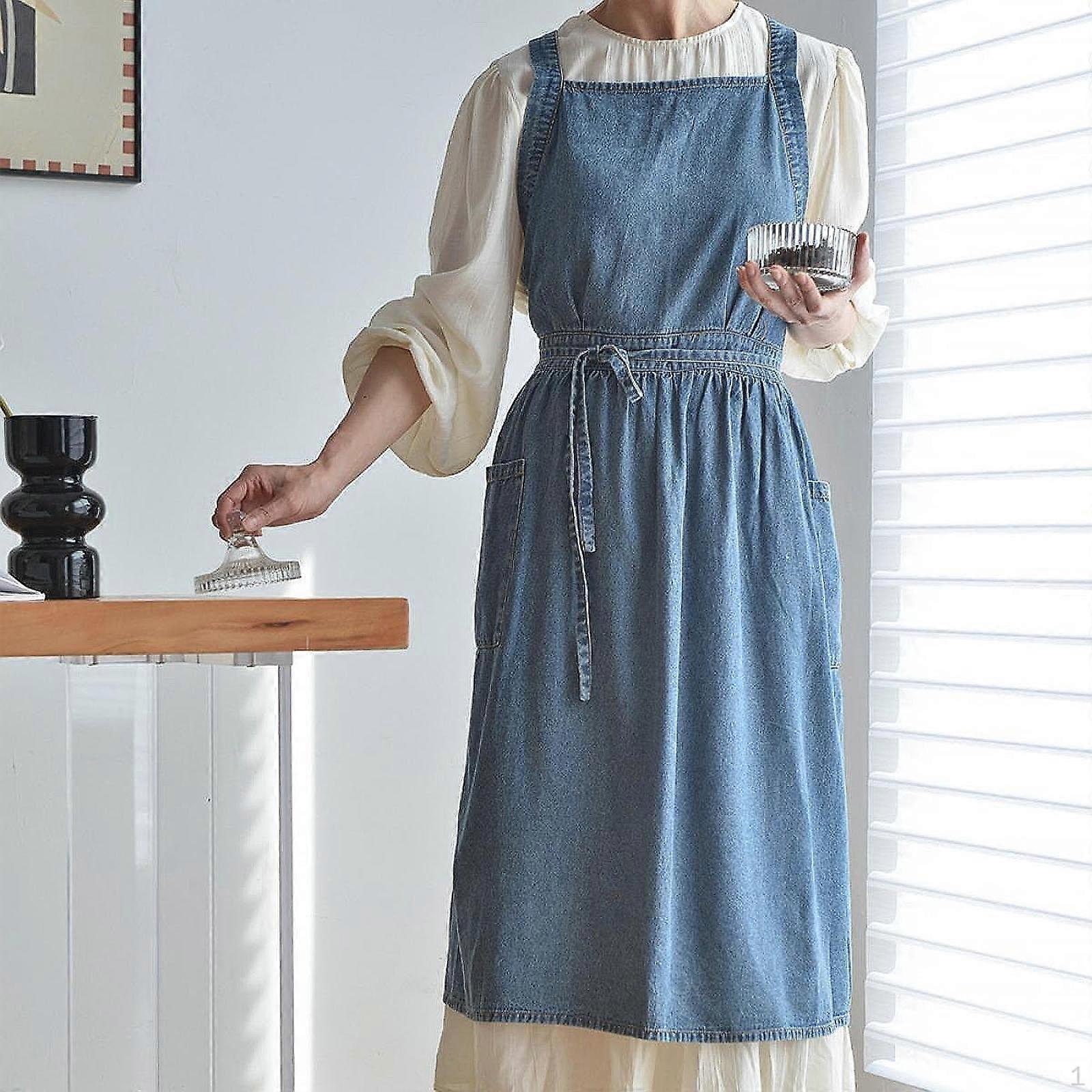 Denim Apron with Pockets Cross Back Heavy Duty Comfortable Workwear Work Adjustable for