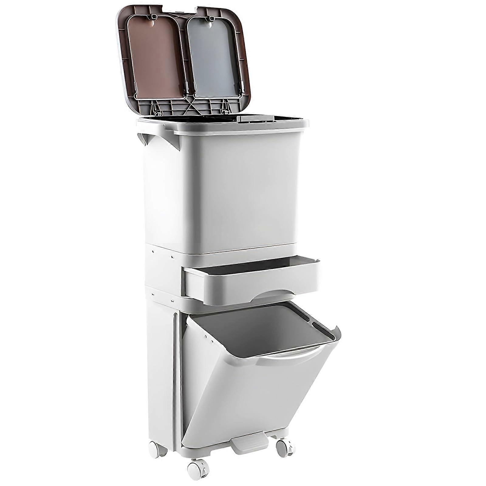 42L Kitchen Trash Can with Lid, Dual Recycling Bins on Wheels, Vertical Dry Wet Separation with 3 Removable Buckets