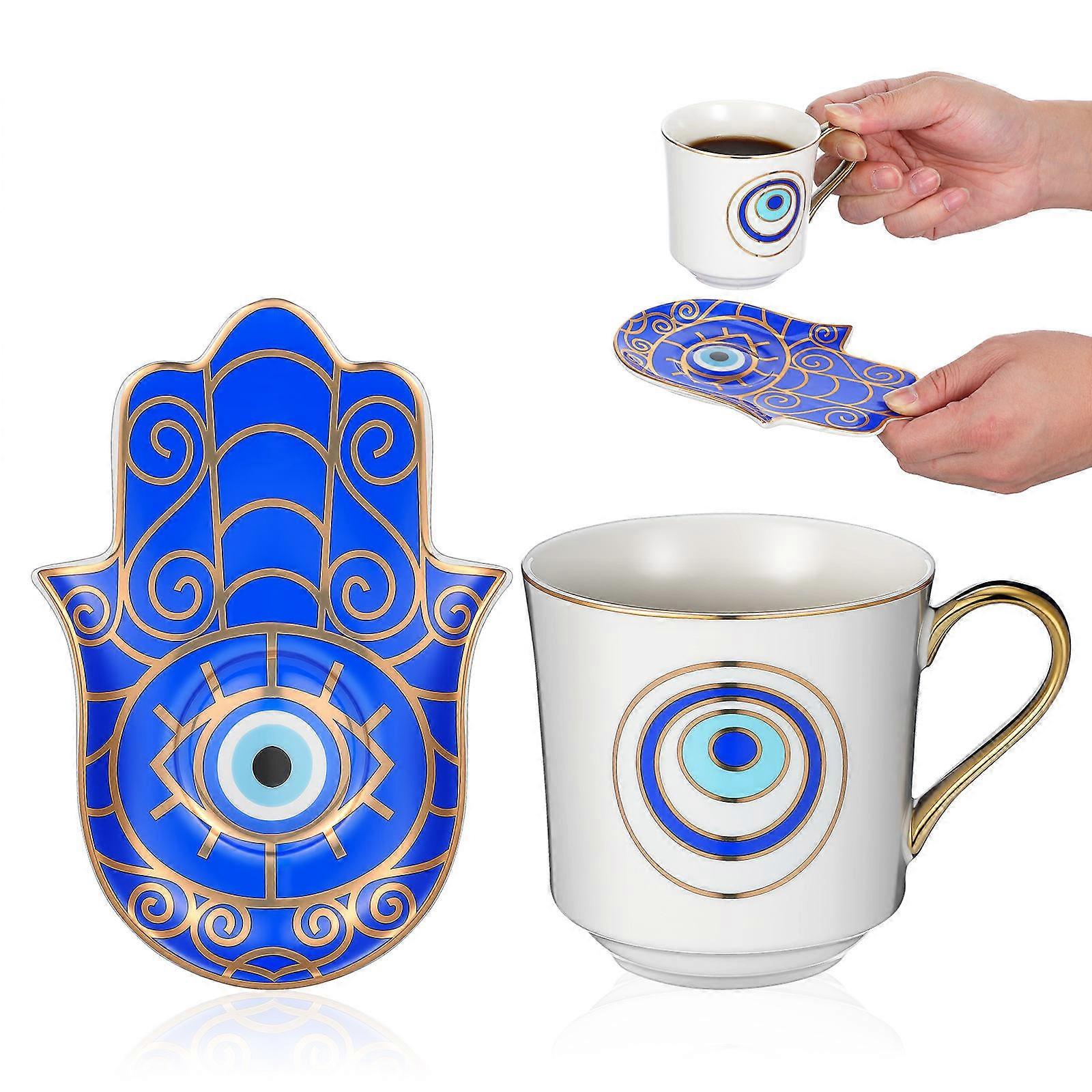 Coffee Cup And Saucer Set Ceramic Mug With Evil Eye Pattern For Home Use Blue 1Set