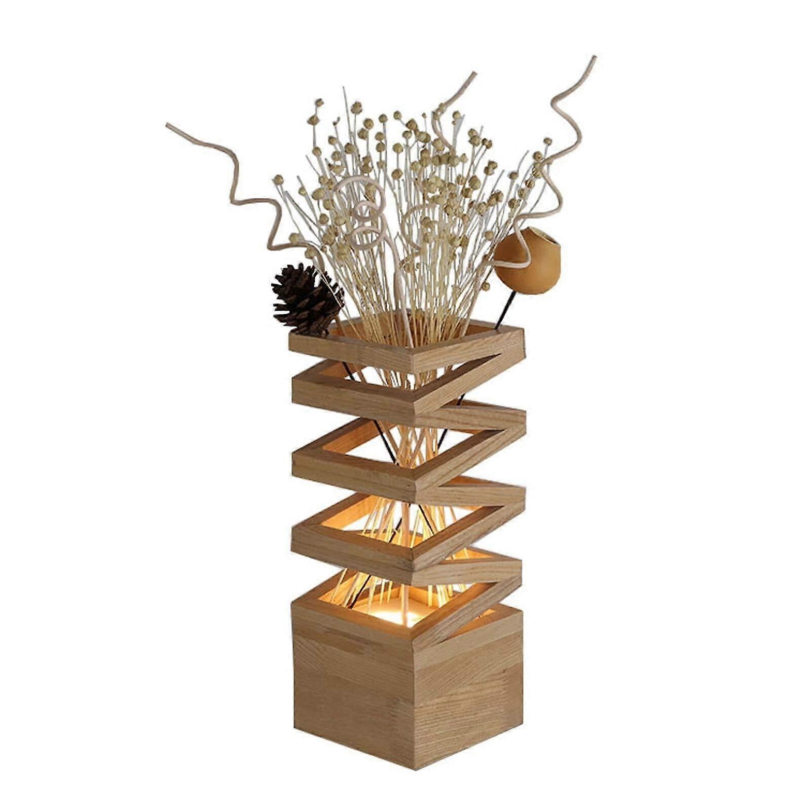 LED Table Lamp with Handmade Wood Square Vase and Artificial Flowers for Home and Office Decor