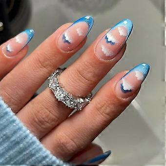 Unghie finte a mandorla media con punta francese blu - Unghie finte effetto occhio di gatto, unghie finte nude, punte per unghie a copertura totale con glitter blu e nuvole bianche Desi