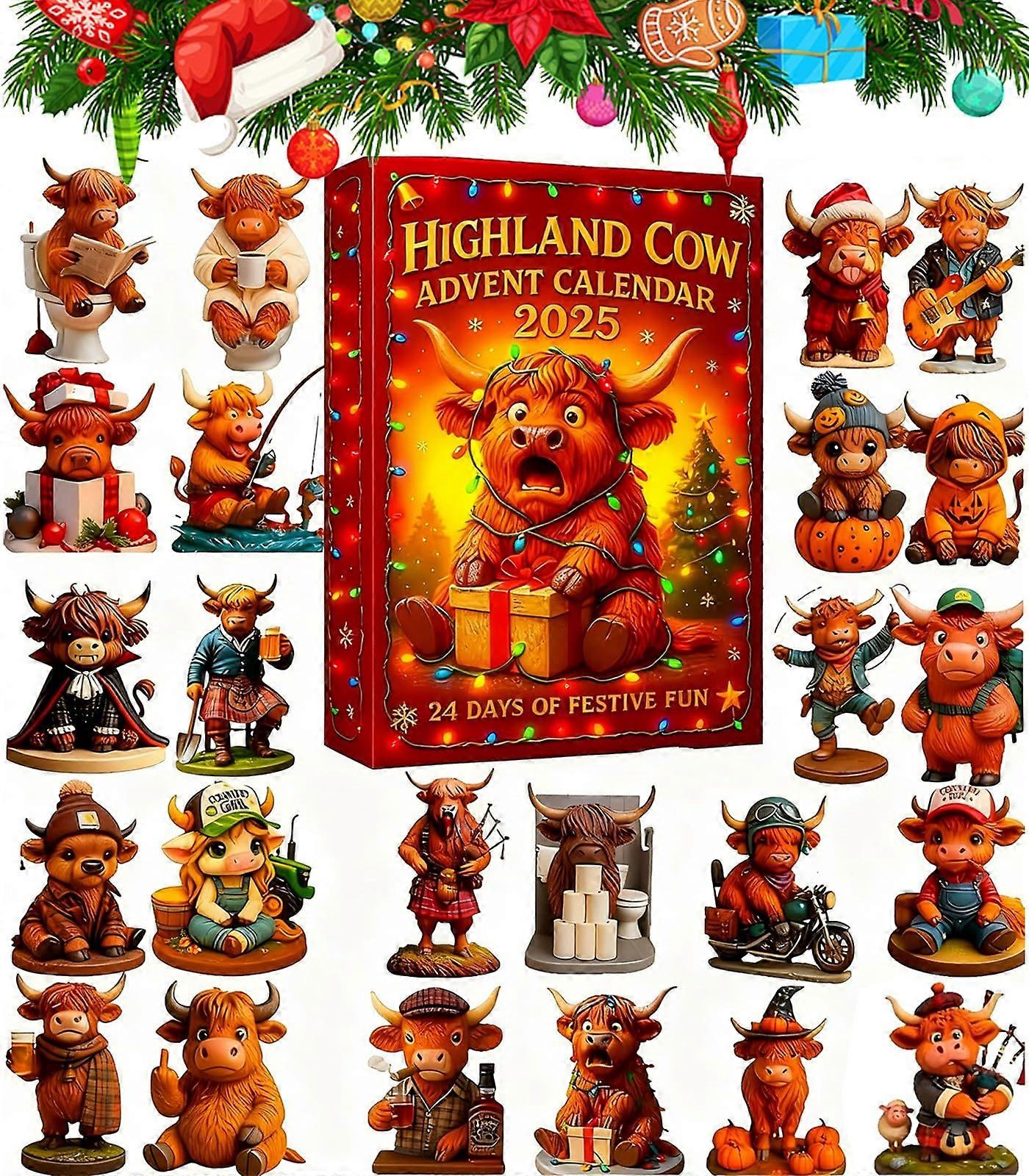 Advent Calendar 2025, 24 Day Christmas Countdown with Handmade 3D Cow Ornaments for Kids and Adults