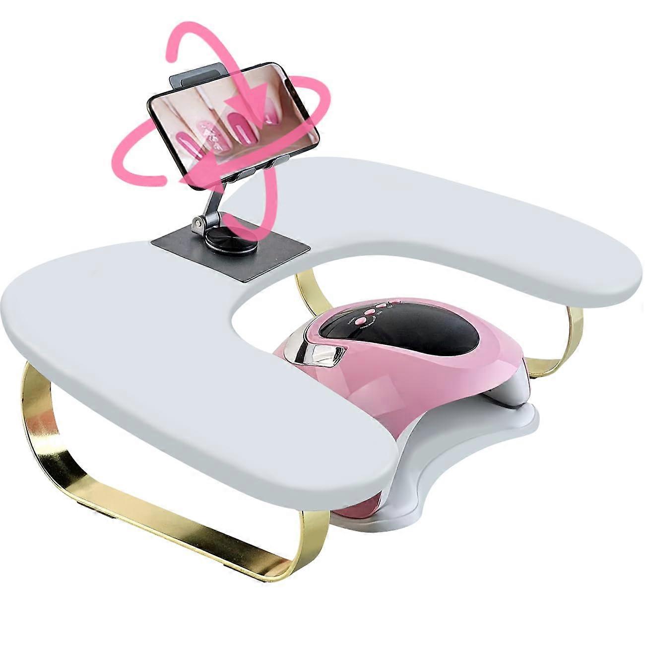 Nail Arm Rest UShaped PU Leather Pillow with 360° Phone Holder and Tool Clearance for Salon