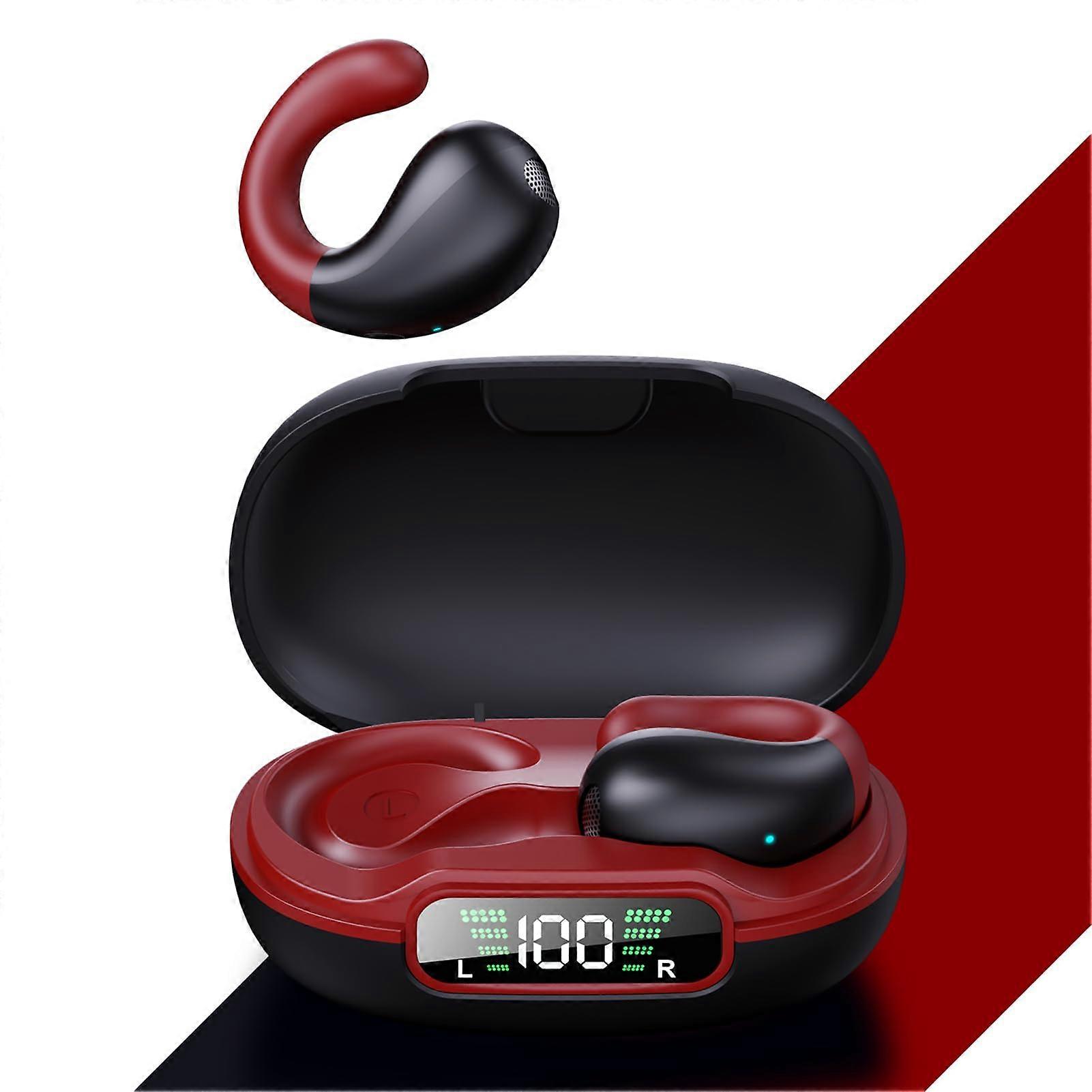 Bluetooth Earbuds, OverEar Design, 3D HiFi Stereo, Touch Control, Noise Reduction, Charging Case, Black & Red