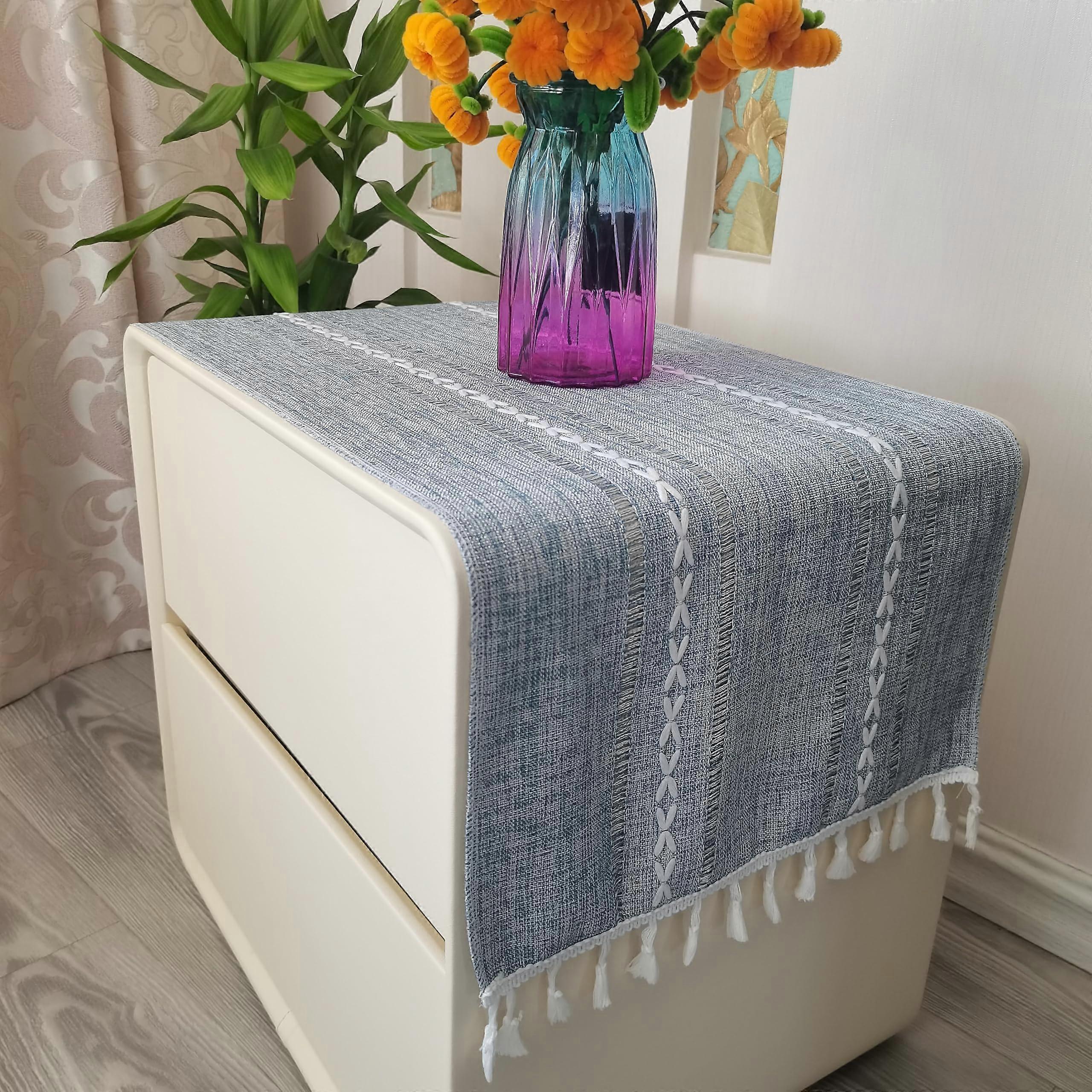 Grey Blue Tassel Table Runner Rectangular 35.8 x 14.9 Inch with Elegant Fringe for Scratch Protection