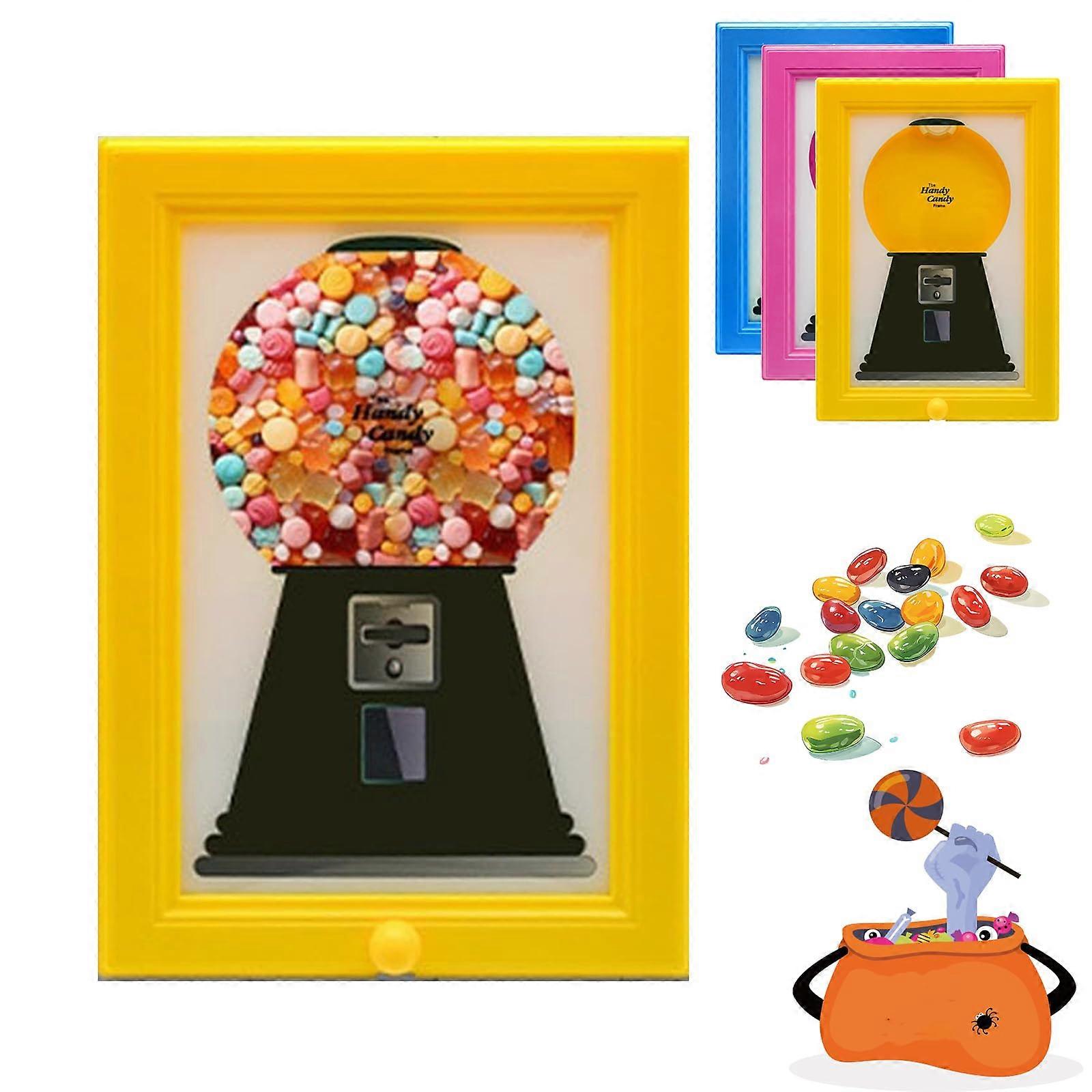 Candy Dispenser Frame with Dual Purpose Wall Mount, Photo Display for Nuts, Chocolates, Gumballs, Yellow