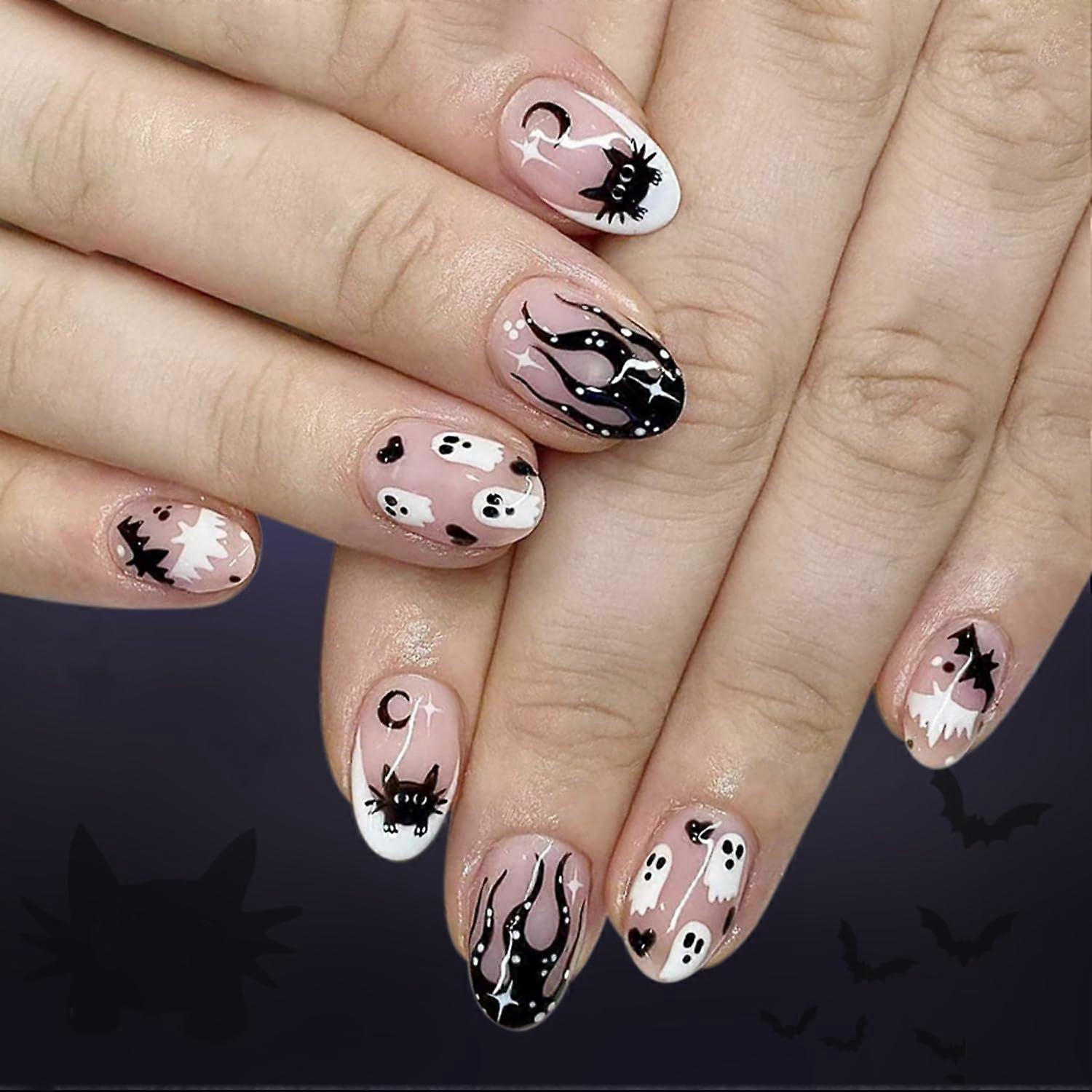 Halloween Press On Nails Short Gothic Black Cat Ghost Bat Flame Design Oval False Nails 24Pcs