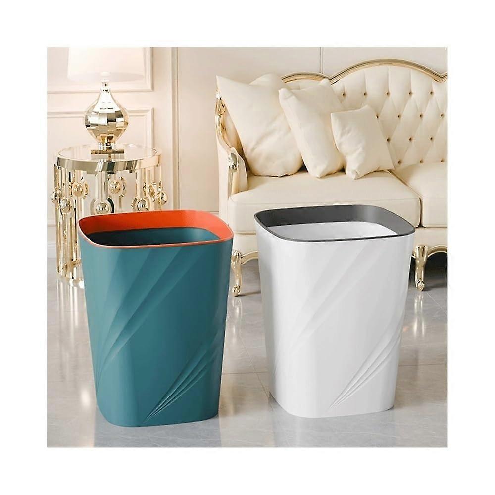 Large Indoor Plastic Trash Can with Compression Ring, Square Waste Bin for Kitchen and Office, Green and White, 2 Pack