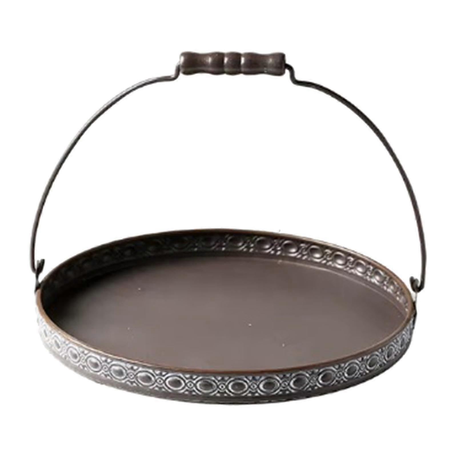 Serving Tray Rustic Iron Round Vintage Design with Handles for Bread Fruit Coffee Table Decor