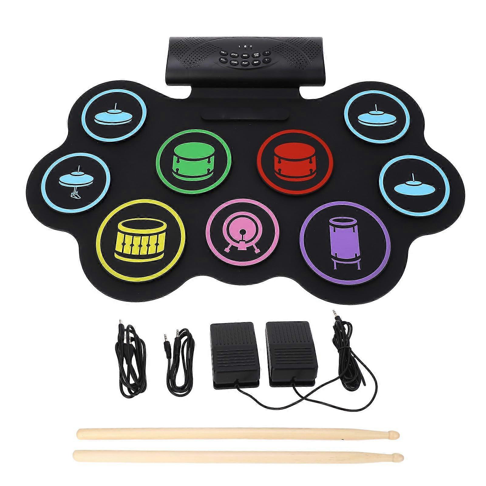 9 Pads Electronic Drum Set with Speakers Bluetooth USB MIDI Rechargeable Roll Up Kit for Beginners