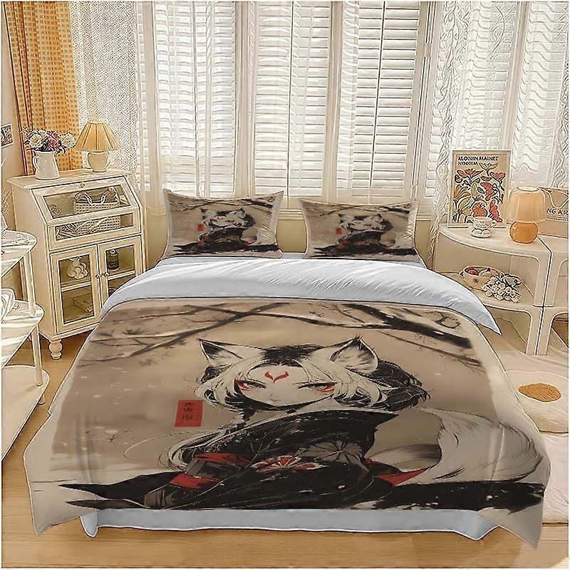 Conjunto de cama com estampa quadrada de raposa, demônio, eclipse noturno e lua, macio e confortável.
