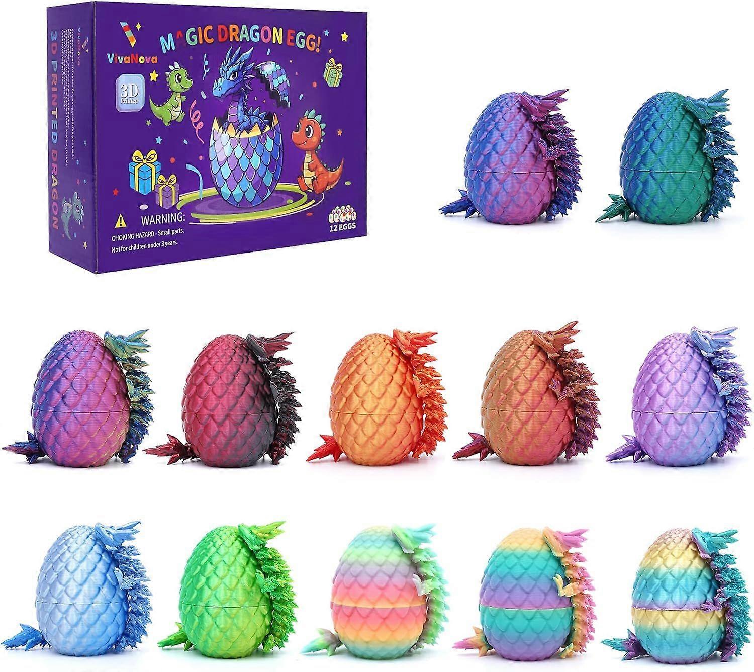 12 Pack 3D Printed Easter Dragon Eggs, Prefilled Easter Eggs with Articulated Mini Dragons Inside, Easter Egg Fillers, Easter Basket Stuffers for Kids