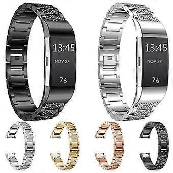 Correa de acero inoxidable macizo con incrustaciones de diamantes para Fitbit Charge 2 (plateada)