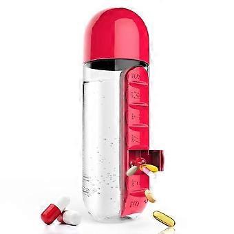 Rouge Bouteille d'eau portable 2 en 1 avec pilulier 7 jours pour les voyages et les mdicaments 600 ml