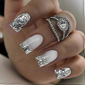 Silver Glitter Square Short French Tip Press On Nails, Coffin Shape Fake Nails with Glue for Women Girls