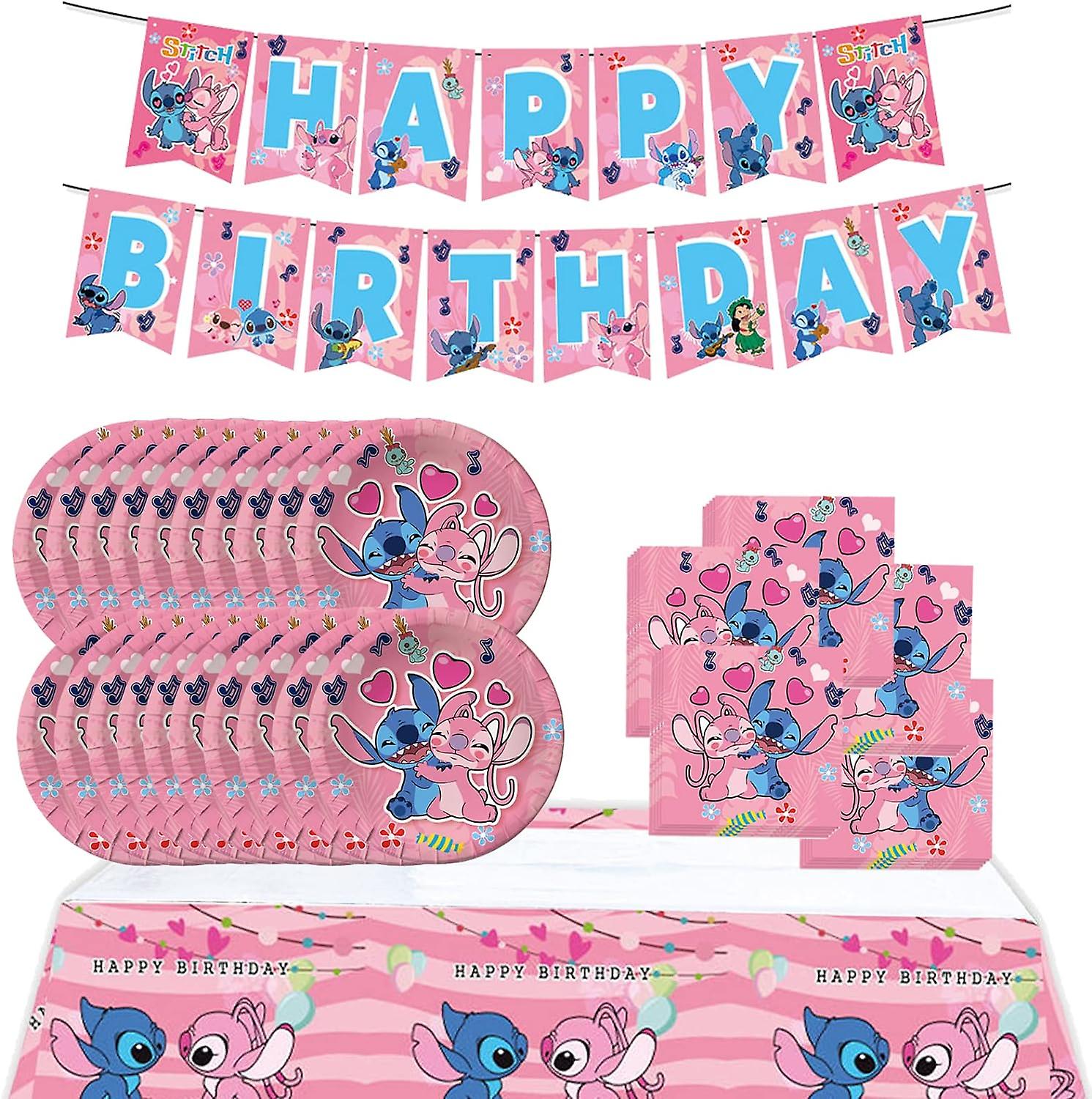 Pink Stitch Party Birthday Supplies, Cartoon Stitch Theme Party Tableware with Happy Birthday Banner, Tablecloth, 20 Disposable 7" Paper Plates