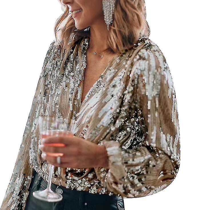 Donne paillettes Sparkle V scollo camicia a maniche lunghe per partito