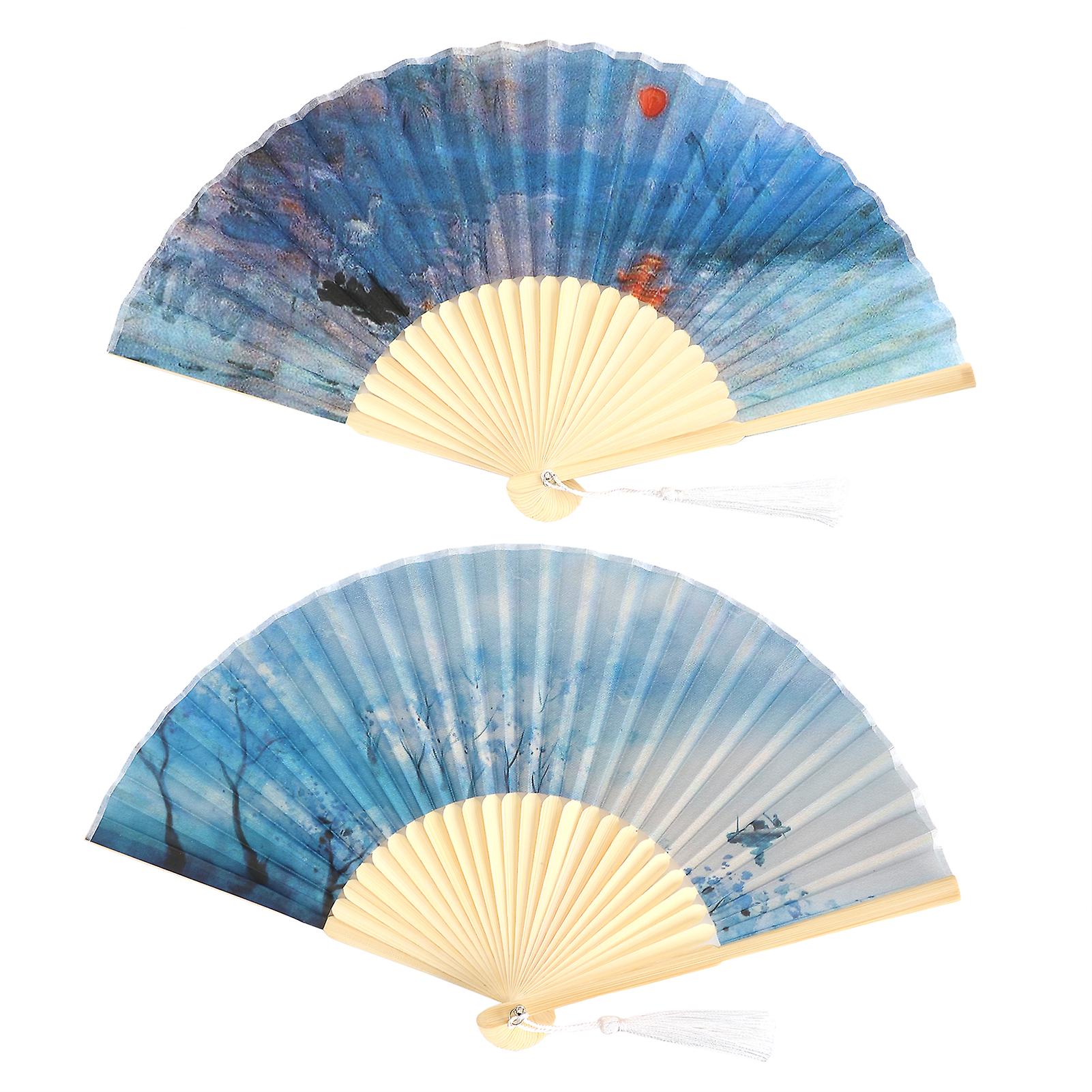 2Pcs Pattern Painting Gift Bamboo Handheld Folding Fan for Dancing Party Decoration