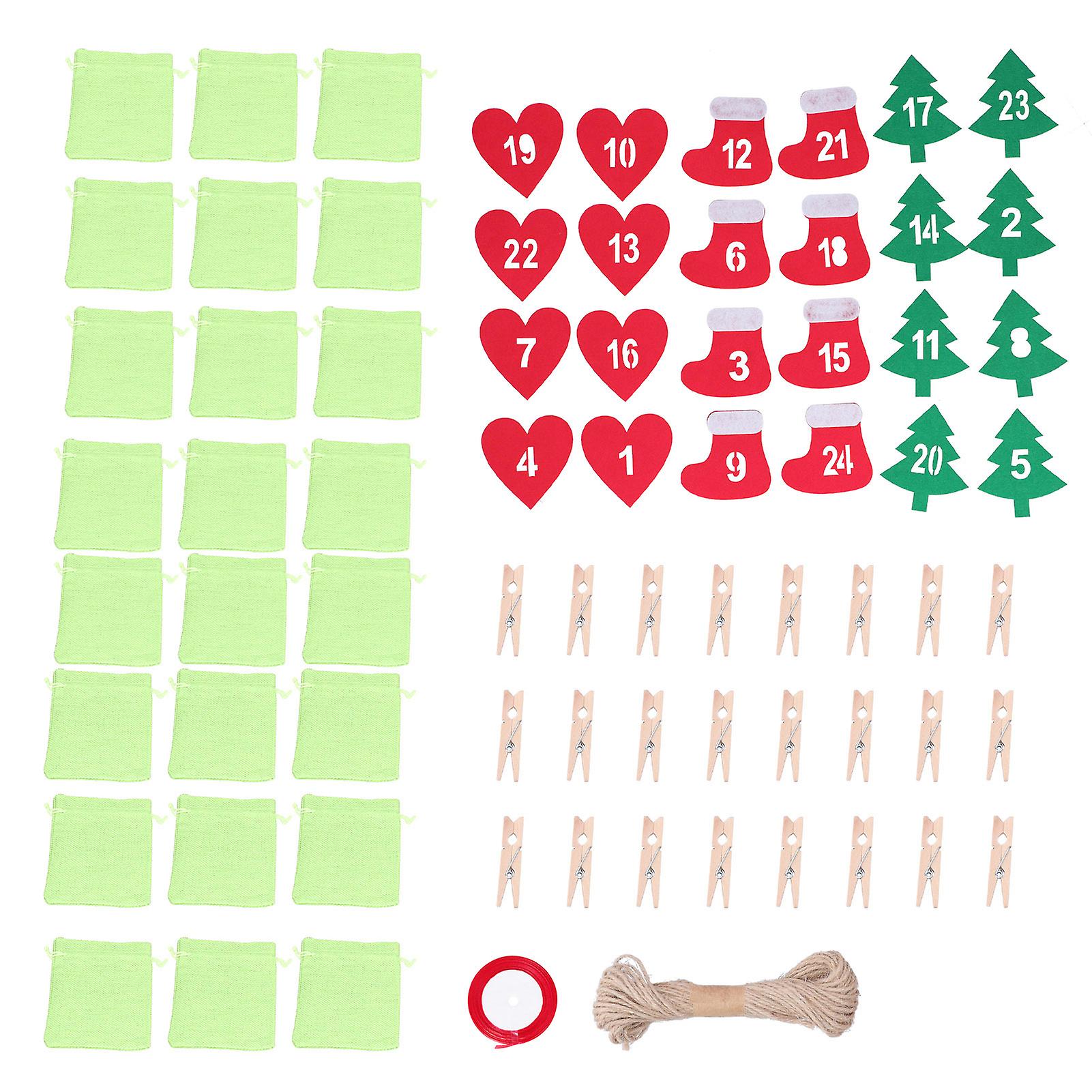 24-Piece Green Christmas Drawstring Bags with Number Stickers for Advent & Gifts