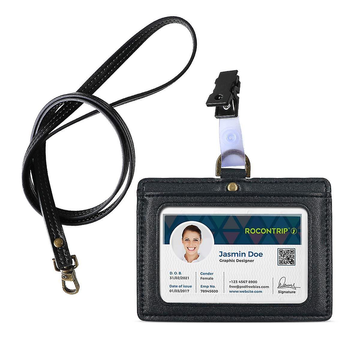 Lanyard badge holder leather for id ic card horizontal type for nurse