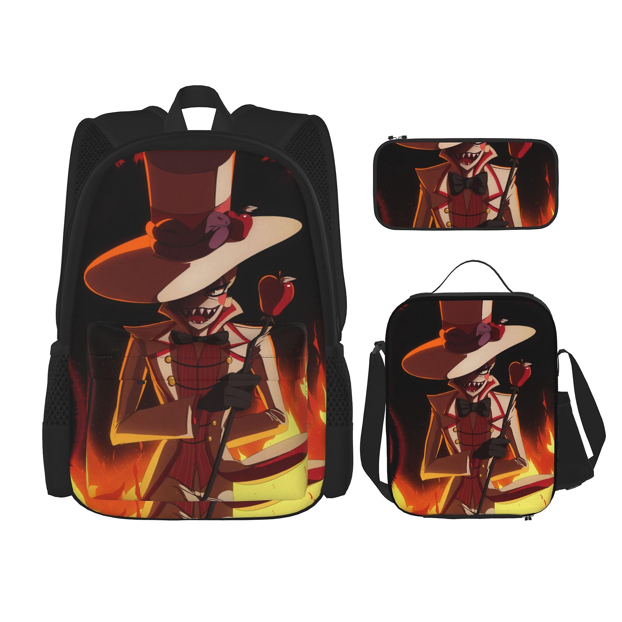 Hazbin فندق على ظهره مجموعة، 3 قطع على ظهره مقلمة حالة الغداء حقيبة عارضة على ظهره كومبو للجنسين