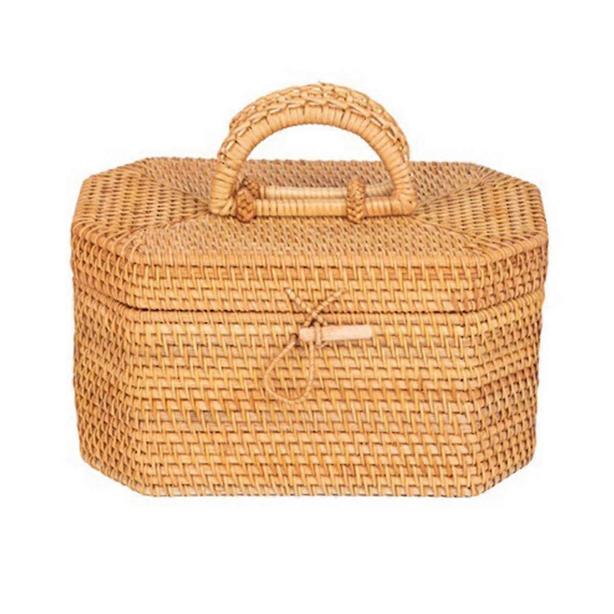 Handwoven Rattan Storage Box With Handle Tea Food Container Picnic Bread Fruit Basket Ornament Box