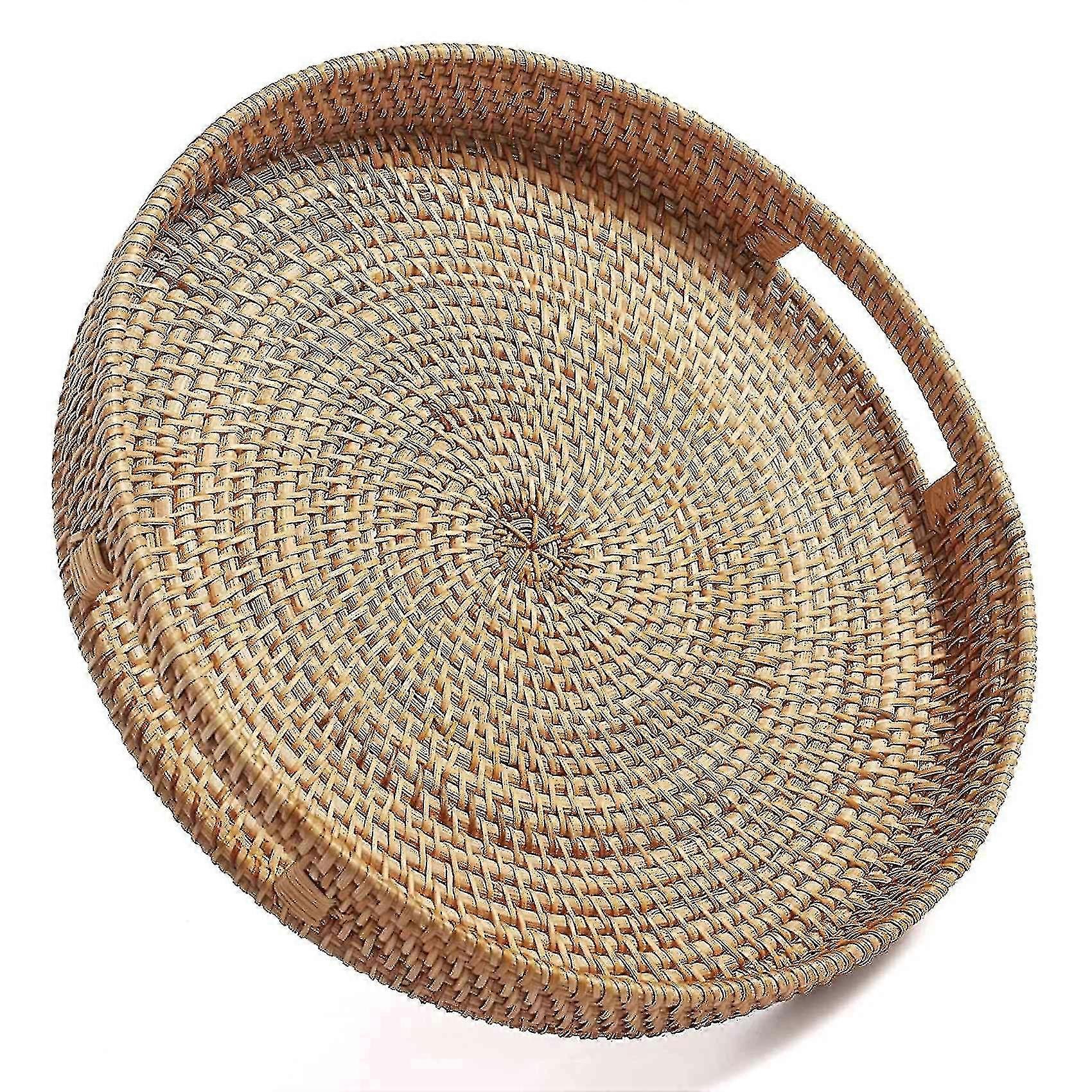 Round Rattan Serving Tray Decorative Woven Ottoman Trays With Handles For Coffee Table Natural(smal From Zhensenzhe Shop