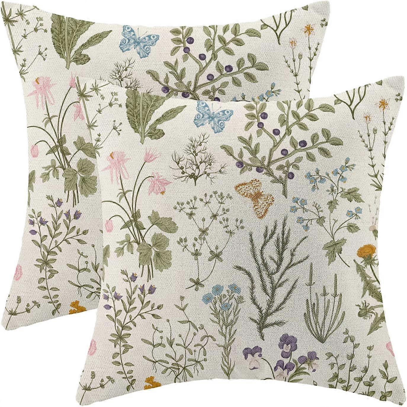 Spring Pillow Covers 16x16 Inch Set of 2,Sage Green Wild Flower Plant Throw Pillows Case,Seasonal Floral Outdoor Decorative Square Linen Farmhouse Dec