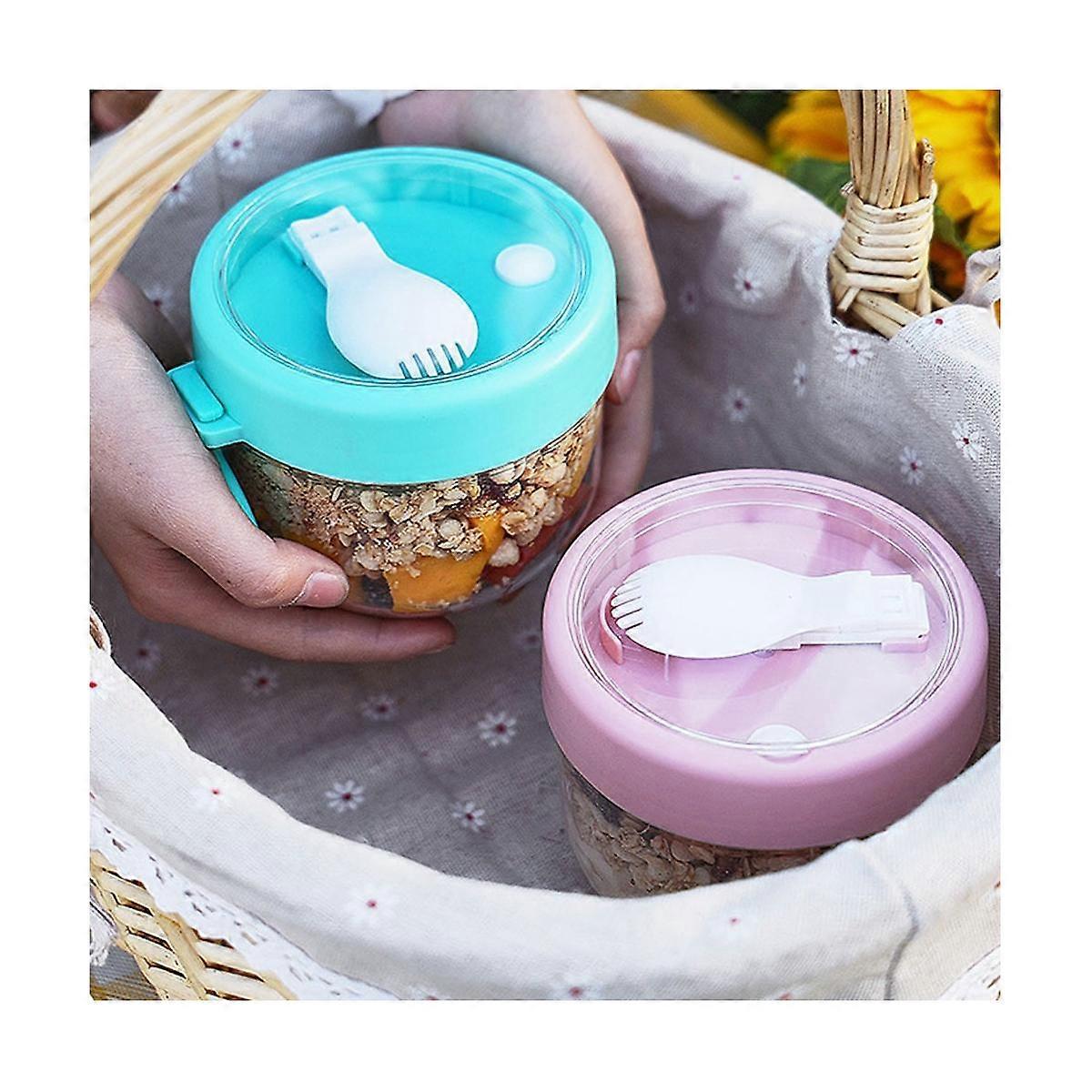 Overnight Oat Containers with Lid and Spoons 2PCS, 20Oz Portable Plastic Yogurt Jars,Leak-Proof Des