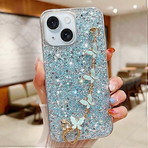For iPhone 15 Starry Sequin Butterfly Chain Epoxy TPU Phone Case