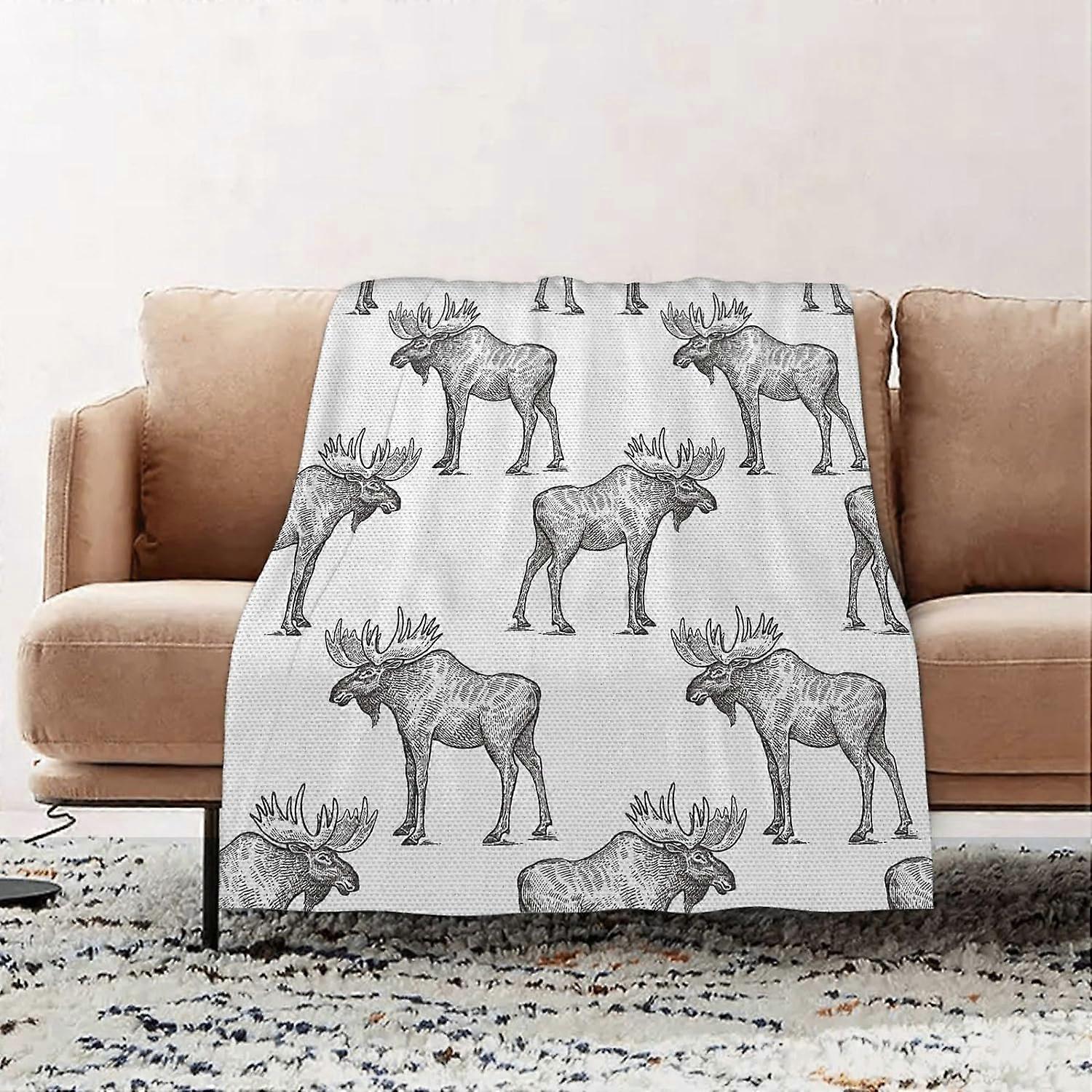 Premium Flannel Throw Blanket - Moose Wild Forest Animal Theme Monochrome Art Style Repetitive Elk Pattern flannel Blanket Sofa Throw, Blanket Fluffy 
