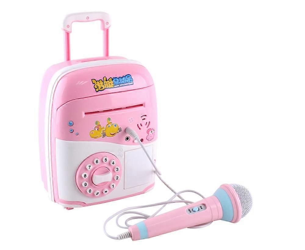 Portable Karaoke Player Suitcase Piggy Bank Trolley Case Microphone Kids Toy - Pink