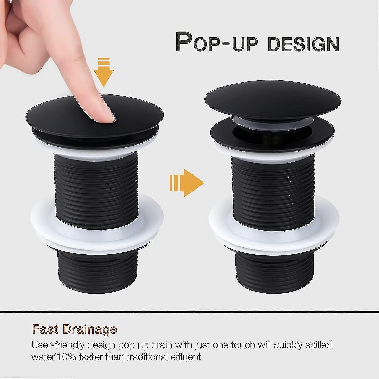 Black Sink Plug Without Overflow, Universal Black Pop Up Sink Plug, Waste Plug Without Overflow, Pop