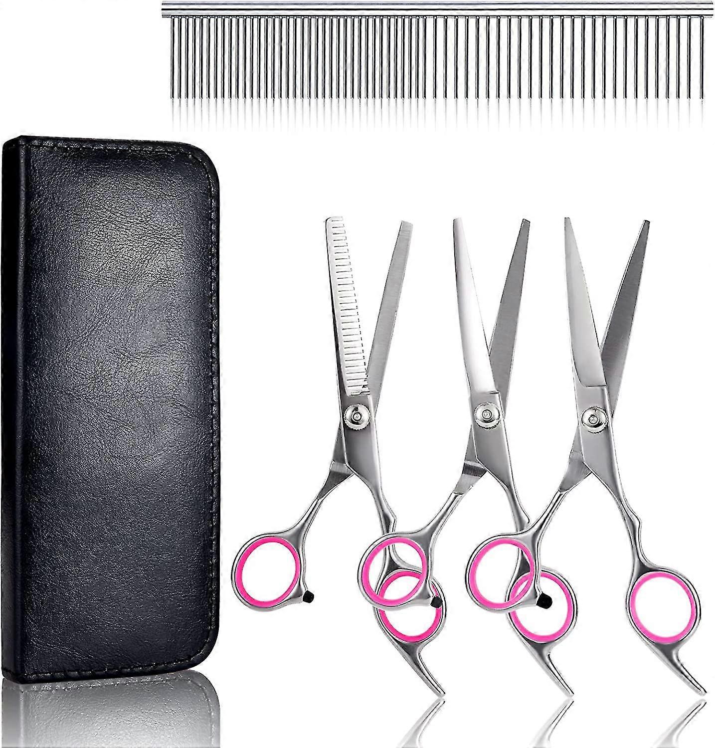 Dog Grooming Scissors Set, 6 Inch Professional Pet Clipper Kit, Thinning Scissors, Straight And Curved For Dogs, Cats, Salon And Diy With Comb