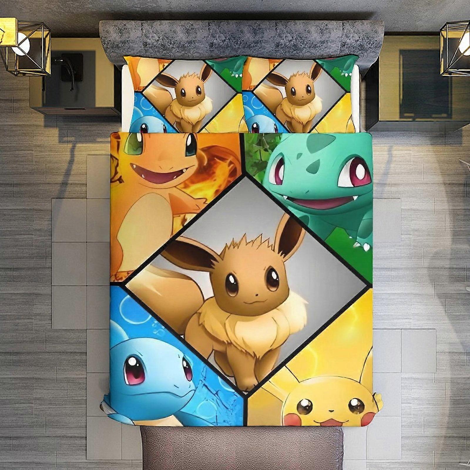 v202 Lakan Sängkläder Pokmon 3 Piece Sets Full / Queen Size - Vändbara mikrofibertäcken med Shams Mjuk Lätt Överkast Täcke Täcke F
