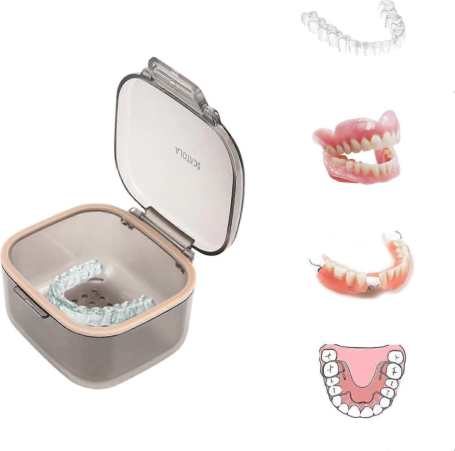 Denture Bath Case Retainer Denture Case Portable Denture Boxes Denture Storage Container with Flushable Basket for Storage and Immersion of Mouthguard