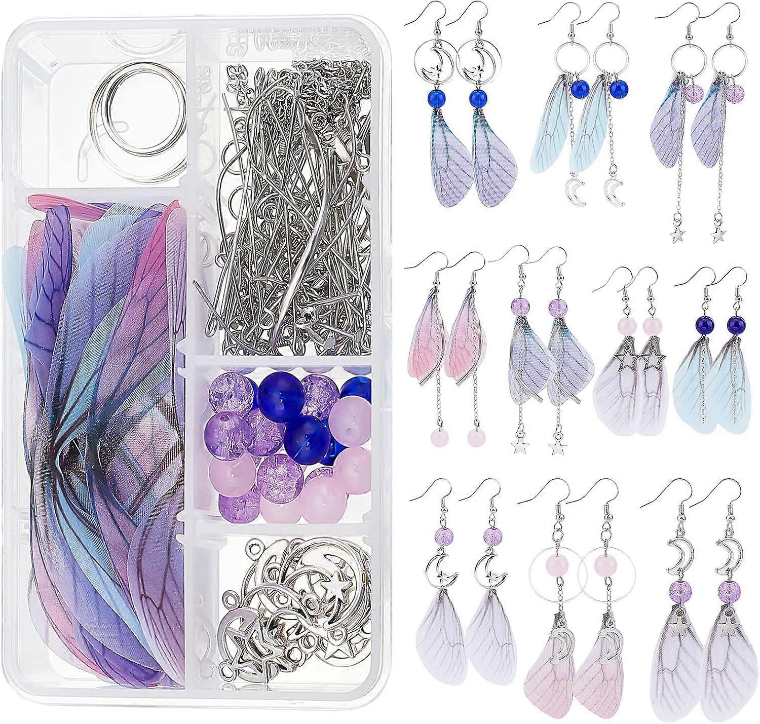1Box DIY 10 Pairs Butterfly Dragonfly Wing Earring Making Kits Moon Star Charms Fabric Wings Decoration & Glass Beads with Jump Rings for Handmade Ear