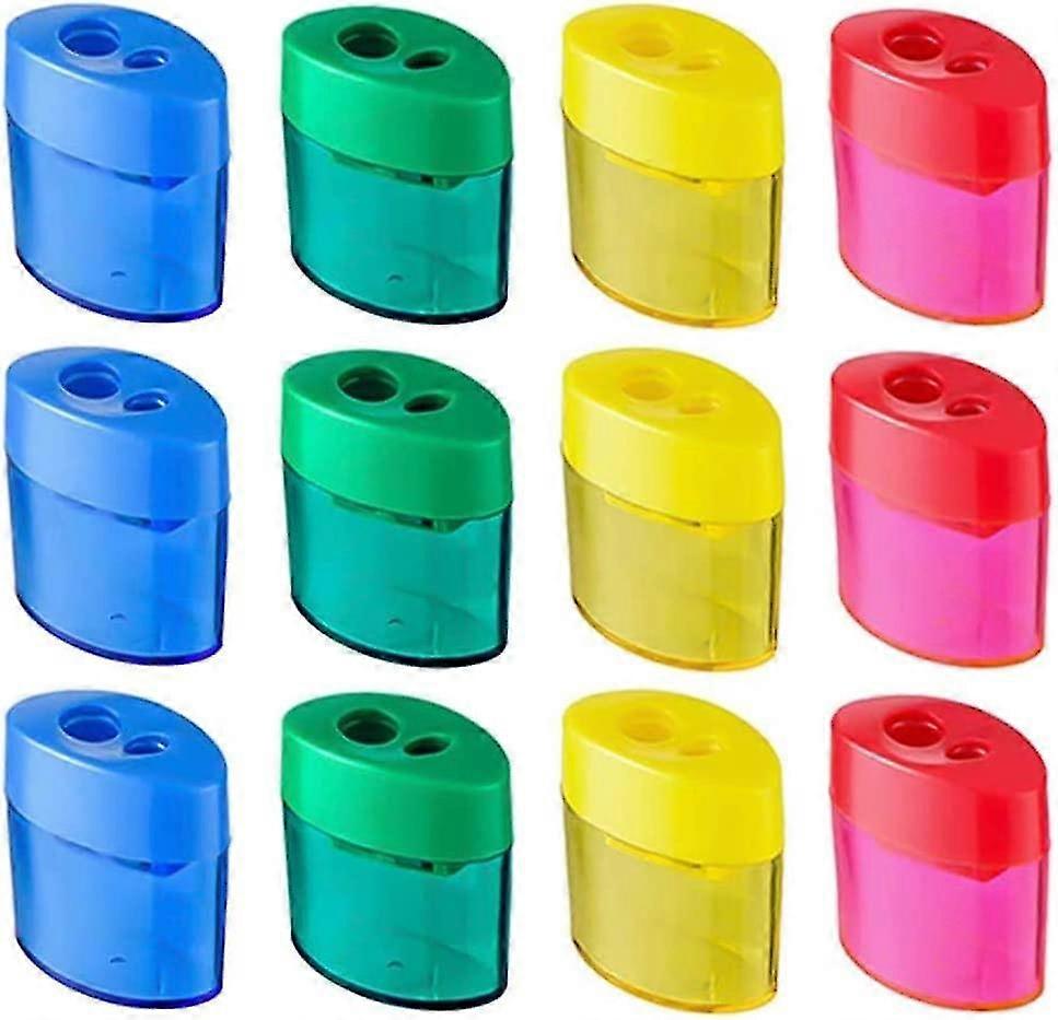 12pcs Plastic Manual Double Hole Pencil Sharpener with Lid Pencil Tool (Random Color) - ya01
