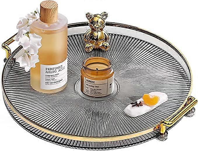 Round Serving Tray with Golden Handles, Acrylic Decorative Tray for Coffee Tea, Reusable Luxury Food Serving Tray