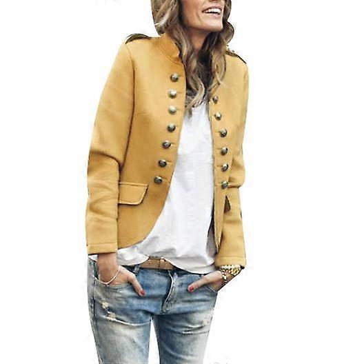 Women Casual Solid Jacket Suit Open Front Stand Neck Buttons Work Blazer